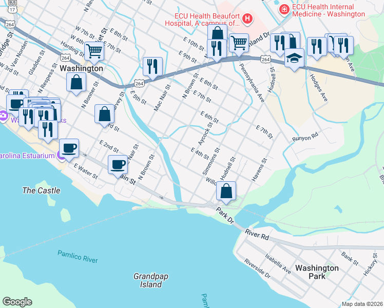 map of restaurants, bars, coffee shops, grocery stores, and more near 713 East 4th Street in Washington