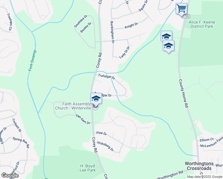 map of restaurants, bars, coffee shops, grocery stores, and more near 4801 Trevett Circle in Winterville