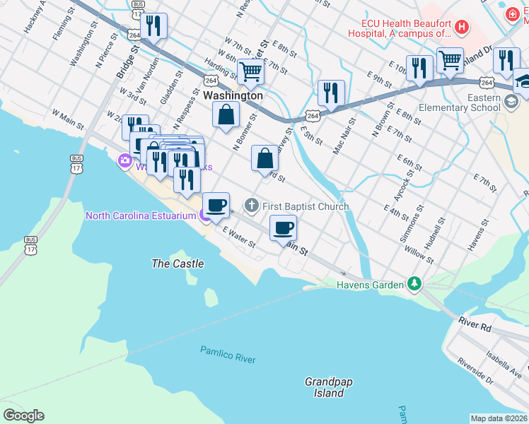 map of restaurants, bars, coffee shops, grocery stores, and more near 120 North Academy Street in Washington