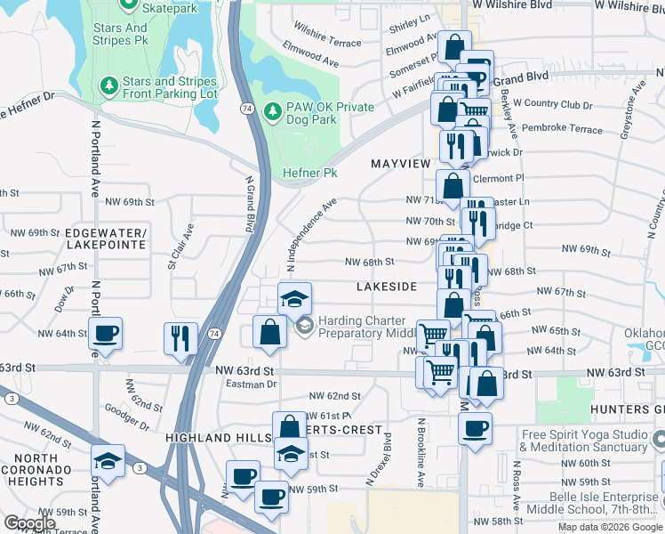 map of restaurants, bars, coffee shops, grocery stores, and more near 3200 Northwest 68th Street in Oklahoma City