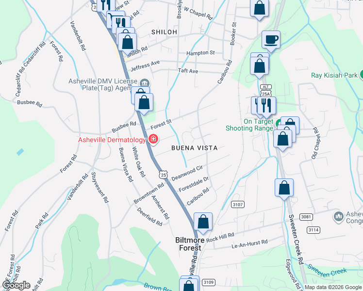 map of restaurants, bars, coffee shops, grocery stores, and more near 11 Dawnwood Circle in Asheville