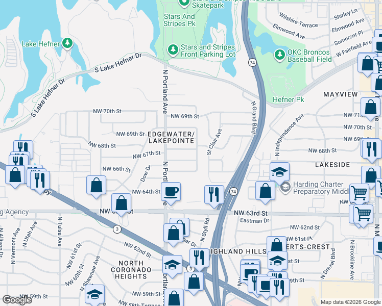 map of restaurants, bars, coffee shops, grocery stores, and more near 3600 Northwest 66th Street in Oklahoma City
