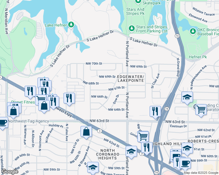 map of restaurants, bars, coffee shops, grocery stores, and more near 6809 Edgewater Drive in Oklahoma City