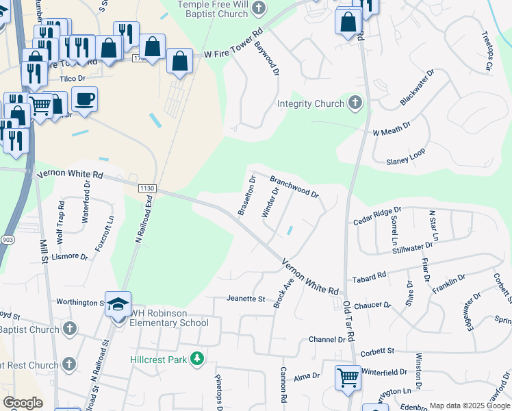 map of restaurants, bars, coffee shops, grocery stores, and more near 409 Brannon Court in Winterville