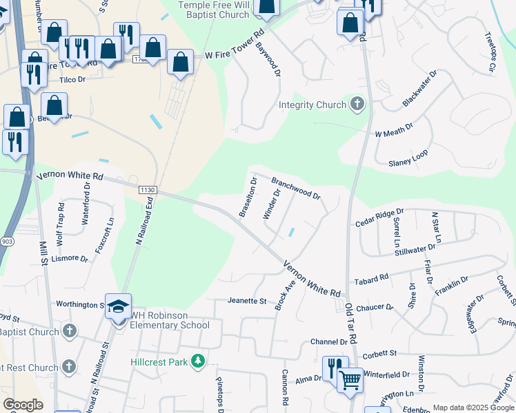 map of restaurants, bars, coffee shops, grocery stores, and more near 409 Brannon Court in Winterville