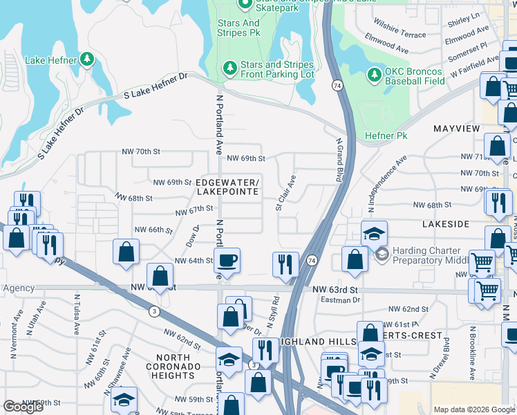 map of restaurants, bars, coffee shops, grocery stores, and more near 3600 Northwest 66th Street in Oklahoma City