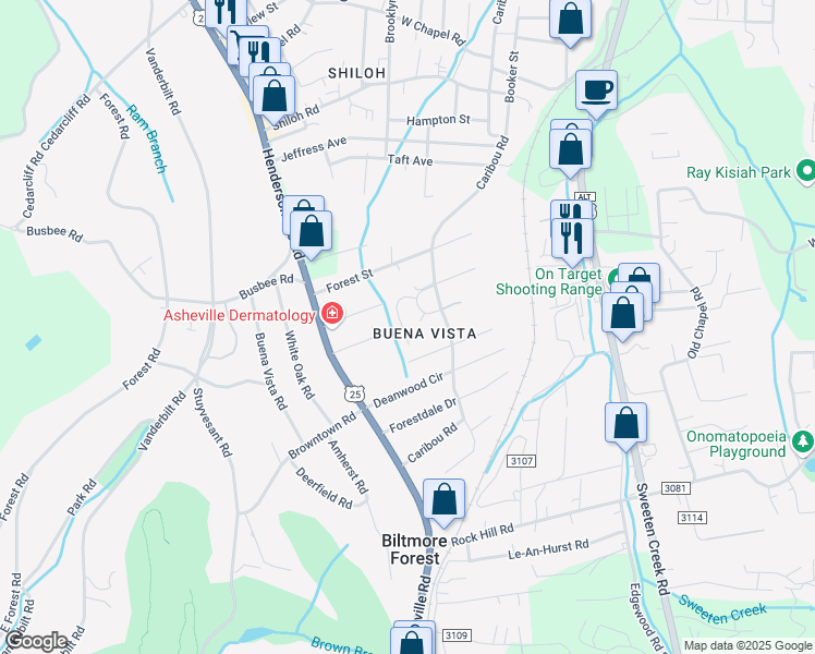 map of restaurants, bars, coffee shops, grocery stores, and more near 31 Dawnwood Circle in Asheville