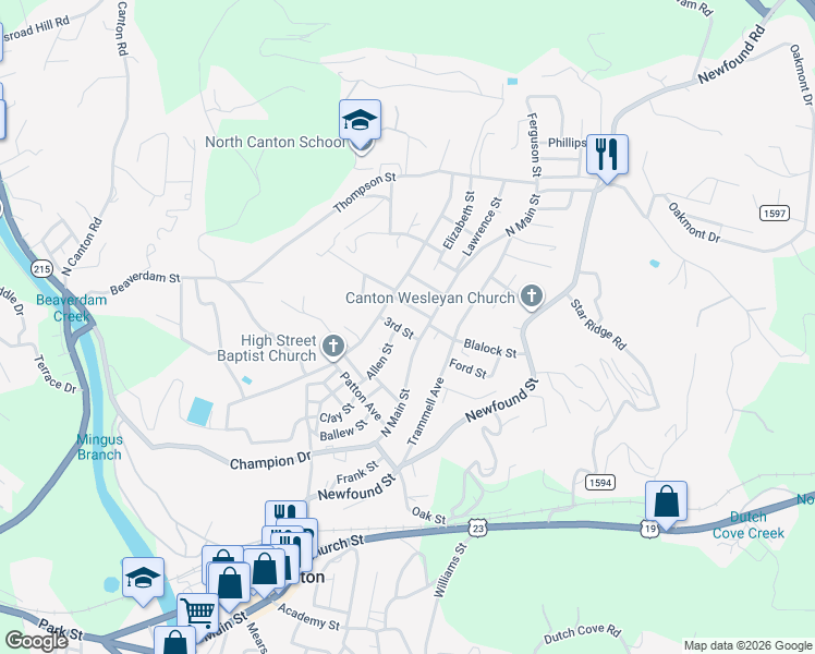 map of restaurants, bars, coffee shops, grocery stores, and more near 8 3rd Street in Canton