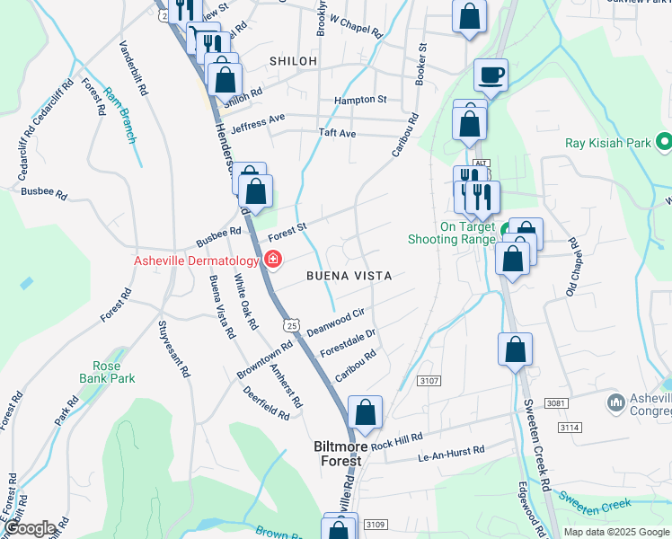 map of restaurants, bars, coffee shops, grocery stores, and more near 32 Dawnwood Circle in Asheville