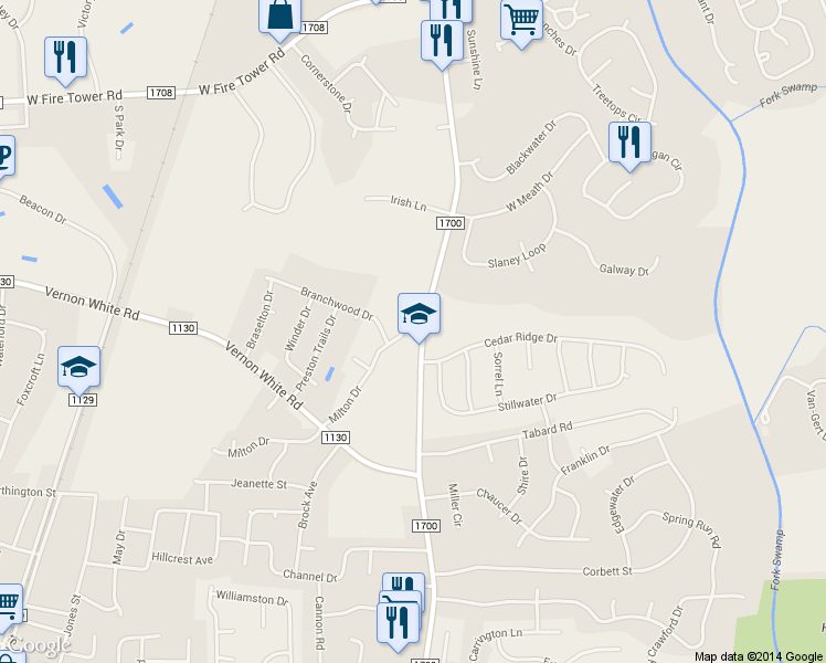 map of restaurants, bars, coffee shops, grocery stores, and more near 638 Milton Drive in Winterville