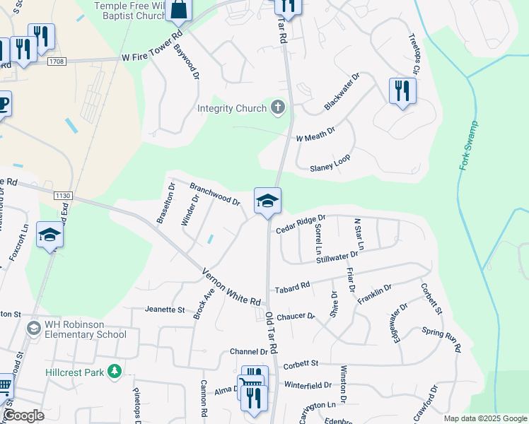map of restaurants, bars, coffee shops, grocery stores, and more near 638 Milton Drive in Winterville