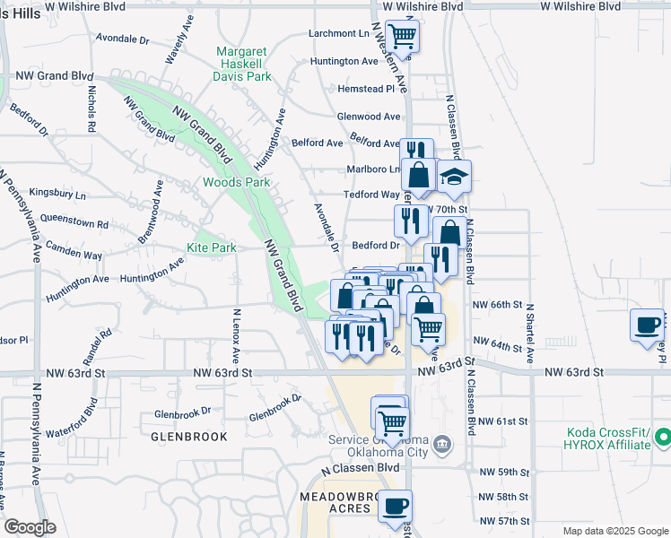 map of restaurants, bars, coffee shops, grocery stores, and more near 6521 Avondale Drive in Nichols Hills