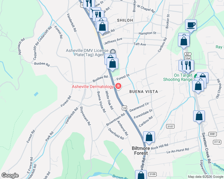 map of restaurants, bars, coffee shops, grocery stores, and more near 8 White Oak Road in Biltmore Forest