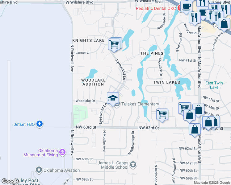 map of restaurants, bars, coffee shops, grocery stores, and more near 6719 Lyrewood Lane in Oklahoma City