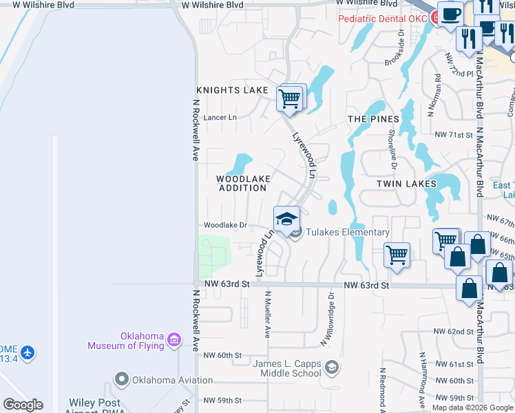 map of restaurants, bars, coffee shops, grocery stores, and more near 6616 Stonycreek Drive in Oklahoma City