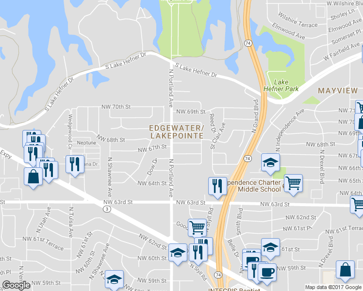 map of restaurants, bars, coffee shops, grocery stores, and more near 3624 Northwest 66th Street in Oklahoma City