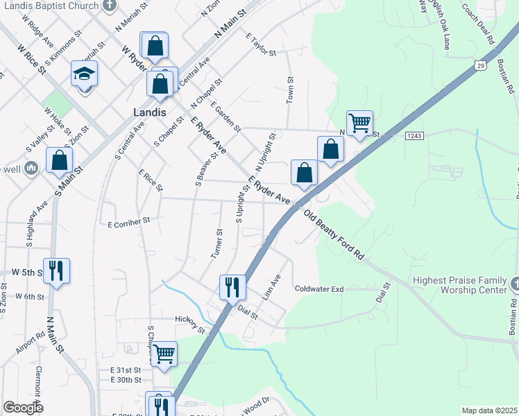 map of restaurants, bars, coffee shops, grocery stores, and more near 712 East Mills Drive in Landis
