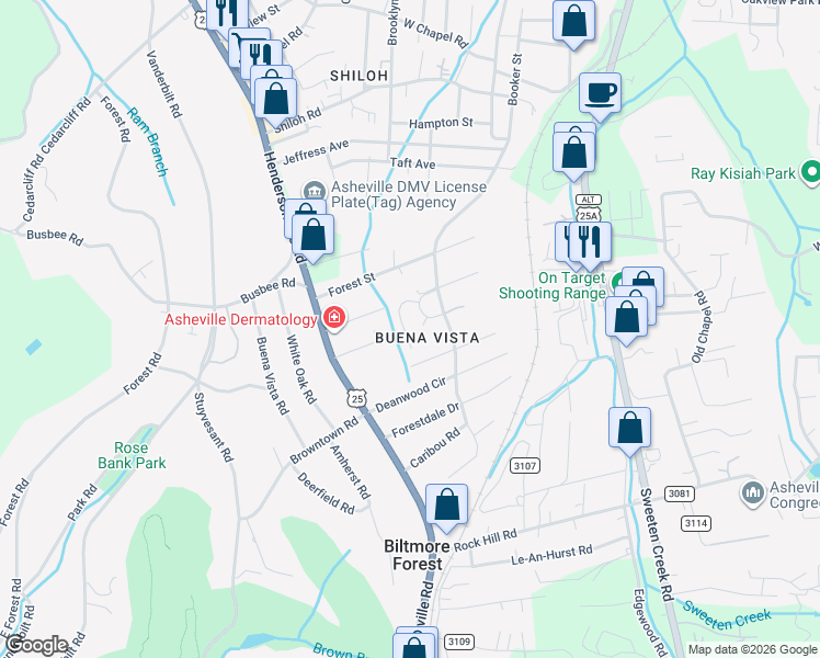 map of restaurants, bars, coffee shops, grocery stores, and more near 31 Dawnwood Circle in Asheville
