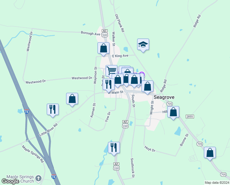 map of restaurants, bars, coffee shops, grocery stores, and more near North Carolina 705 in Seagrove