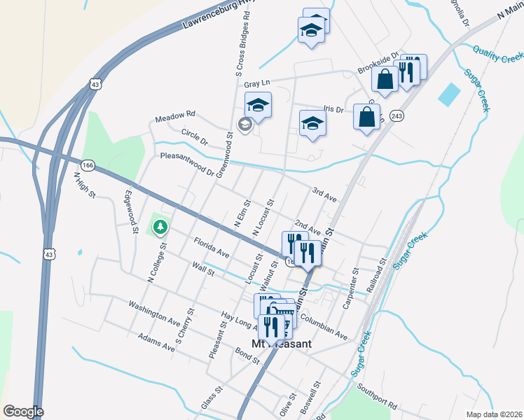 map of restaurants, bars, coffee shops, grocery stores, and more near 415 Locust Street in Mount Pleasant