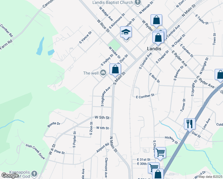 map of restaurants, bars, coffee shops, grocery stores, and more near 710 South Main Street in Landis