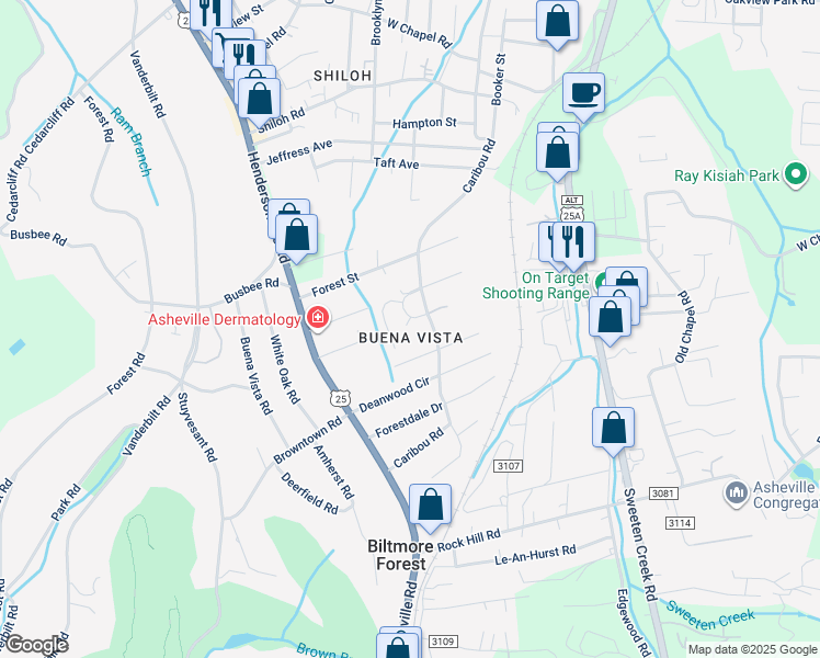map of restaurants, bars, coffee shops, grocery stores, and more near 8 Dawnwood Circle in Asheville