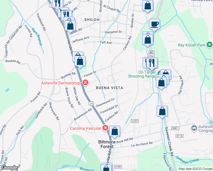 map of restaurants, bars, coffee shops, grocery stores, and more near 11 Dawnwood Circle in Asheville