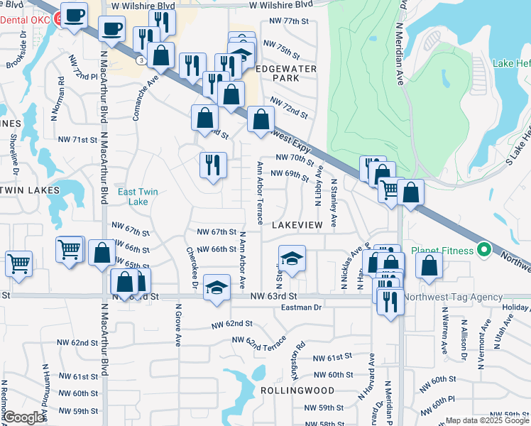 map of restaurants, bars, coffee shops, grocery stores, and more near 6716 North Ann Arbor Terrace in Oklahoma City