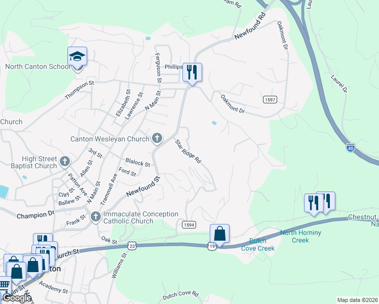 map of restaurants, bars, coffee shops, grocery stores, and more near 25 Star Ridge Road in Canton