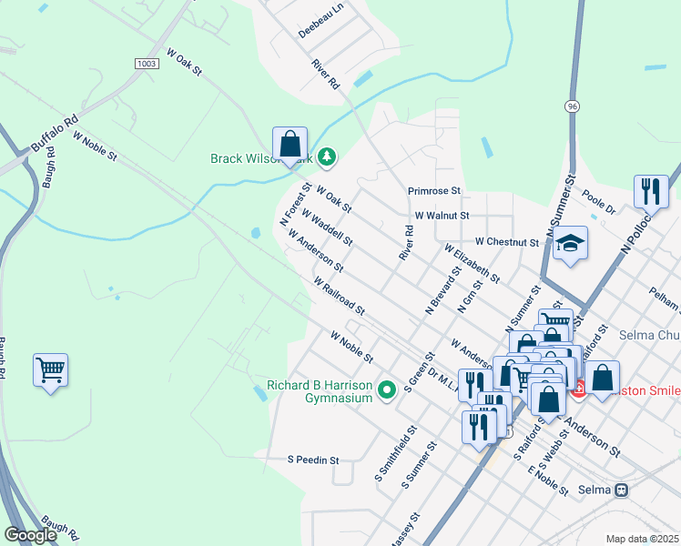 map of restaurants, bars, coffee shops, grocery stores, and more near 108 South Church Street in Selma