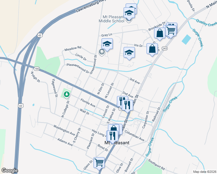 map of restaurants, bars, coffee shops, grocery stores, and more near 415 Locust Street in Mount Pleasant