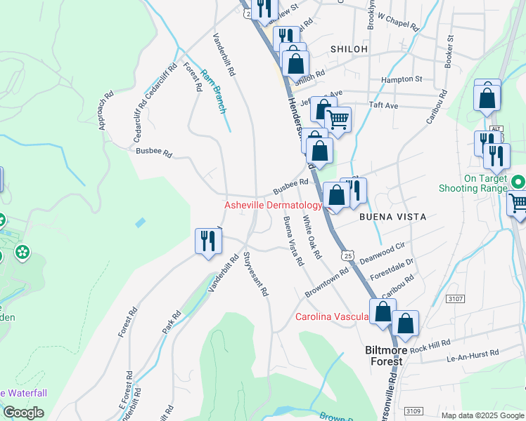 map of restaurants, bars, coffee shops, grocery stores, and more near 15 Bourne Lane in Biltmore Forest