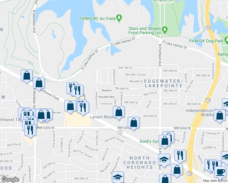 map of restaurants, bars, coffee shops, grocery stores, and more near 4008 Neptune in Oklahoma City