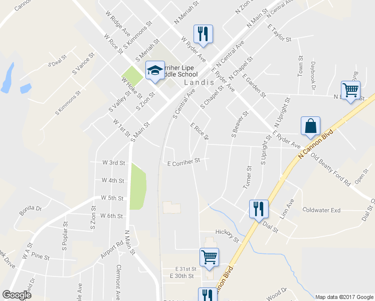 map of restaurants, bars, coffee shops, grocery stores, and more near 504 South Chapel Street in Landis