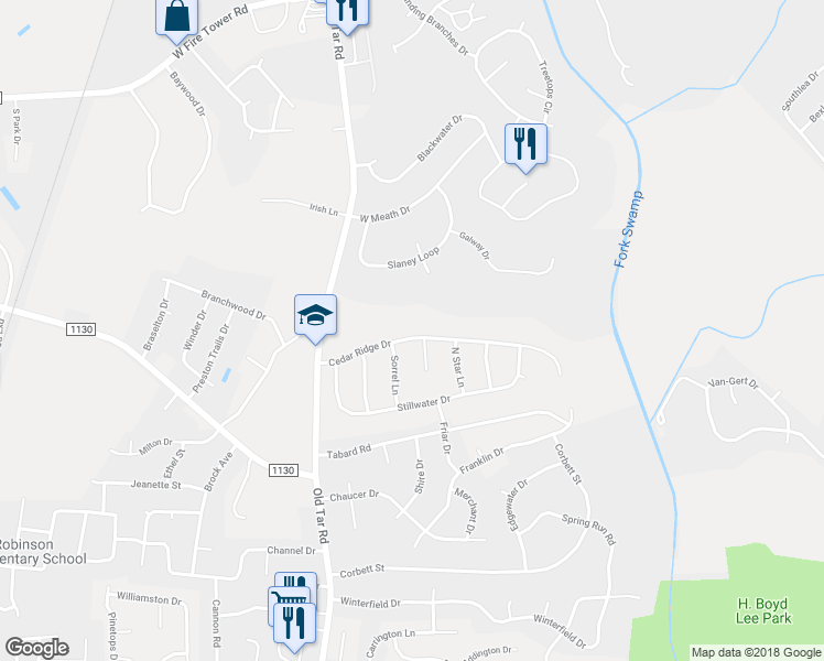 map of restaurants, bars, coffee shops, grocery stores, and more near 595 Cedar Ridge Drive in Winterville