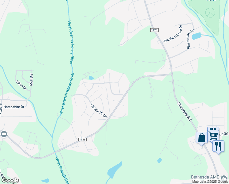 map of restaurants, bars, coffee shops, grocery stores, and more near 163 Hager Farm Lane in Mooresville