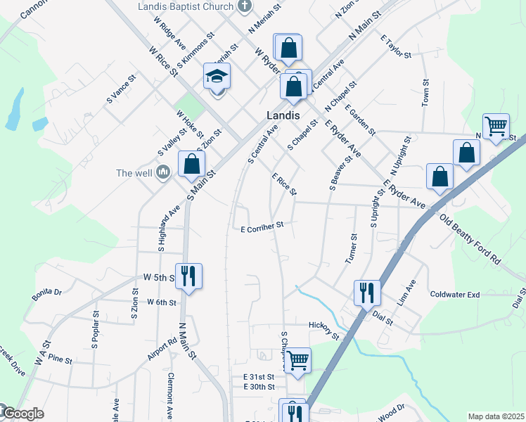 map of restaurants, bars, coffee shops, grocery stores, and more near 504 South Chapel Street in Landis