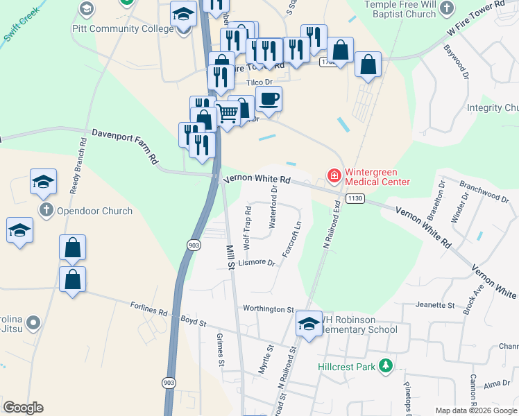 map of restaurants, bars, coffee shops, grocery stores, and more near 2258 Waterford Dr in Winterville