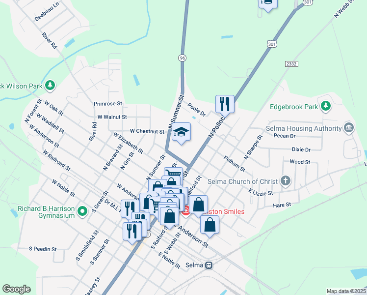 map of restaurants, bars, coffee shops, grocery stores, and more near 311 West Richardson Street in Selma