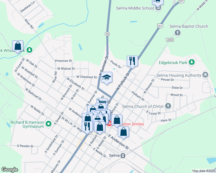 map of restaurants, bars, coffee shops, grocery stores, and more near 311 West Richardson Street in Selma
