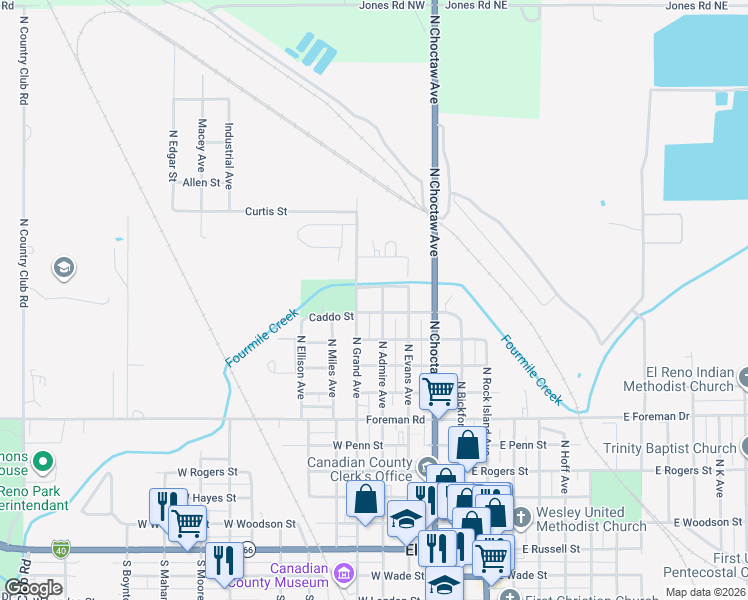 map of restaurants, bars, coffee shops, grocery stores, and more near 907 North Admire Avenue in El Reno