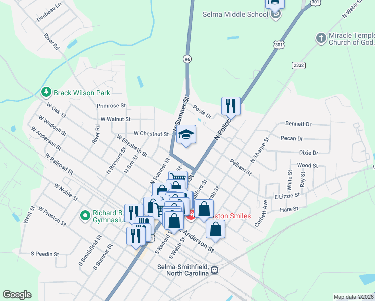 map of restaurants, bars, coffee shops, grocery stores, and more near West Chestnut Street in Selma