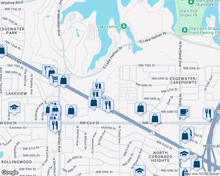 map of restaurants, bars, coffee shops, grocery stores, and more near 4101 Northwest Expressway in Oklahoma City