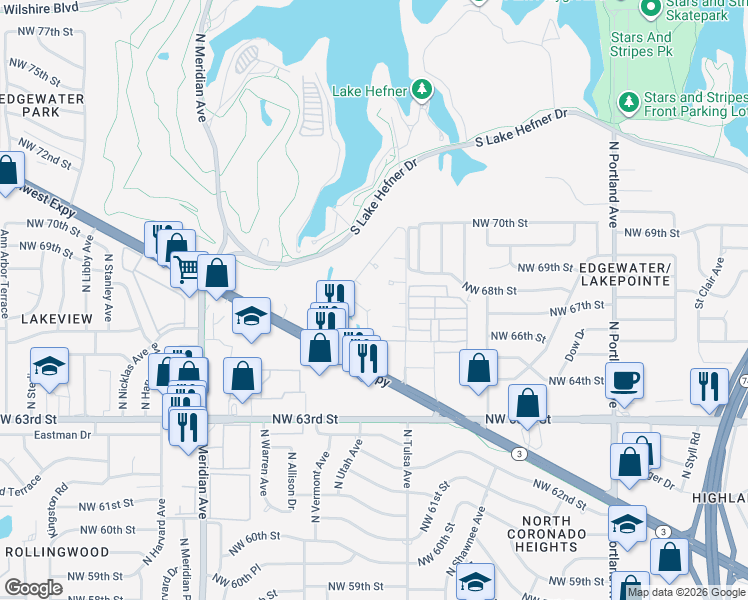 map of restaurants, bars, coffee shops, grocery stores, and more near 4101 Northwest Expressway in Oklahoma City