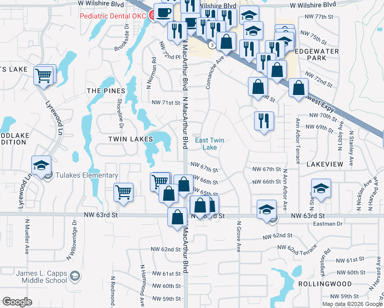 map of restaurants, bars, coffee shops, grocery stores, and more near 5812 Northwest 68th Street in Warr Acres