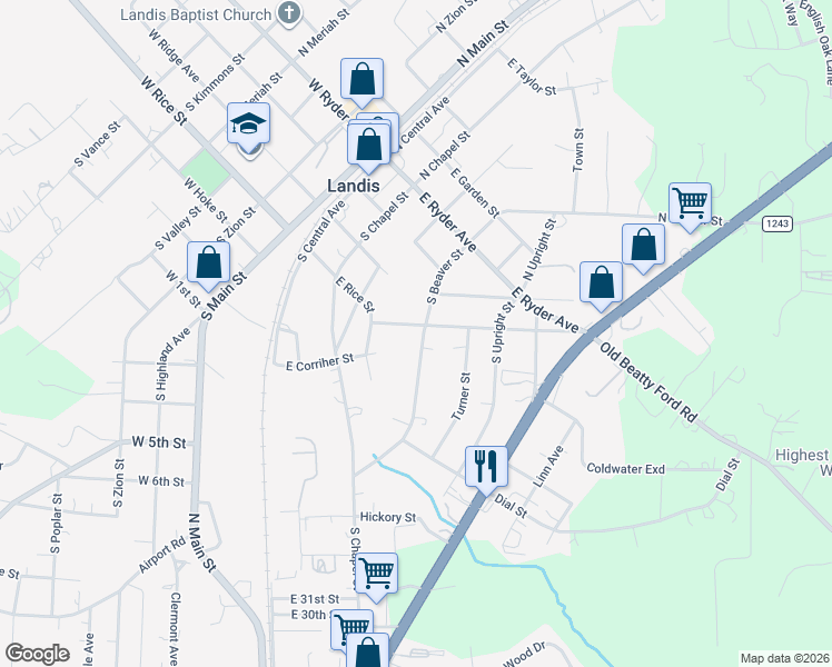 map of restaurants, bars, coffee shops, grocery stores, and more near 302 South Beaver Street in Landis