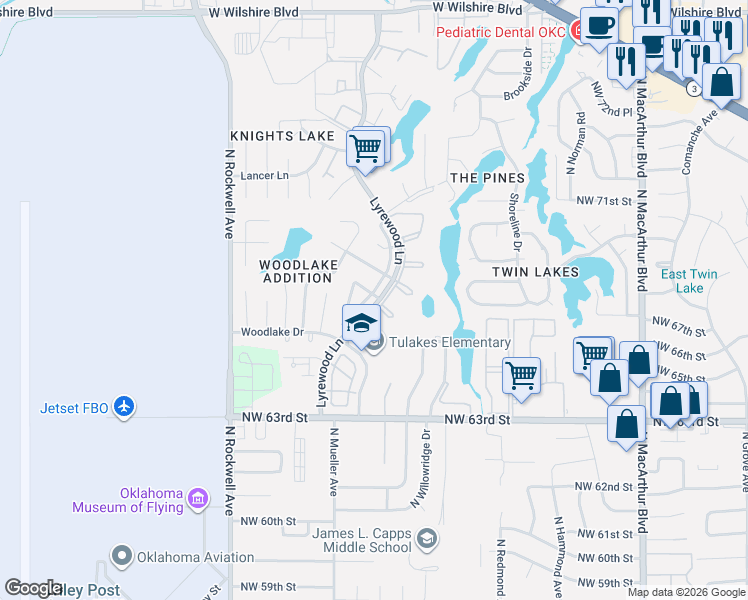 map of restaurants, bars, coffee shops, grocery stores, and more near 6719 Lyrewood Lane in Oklahoma City