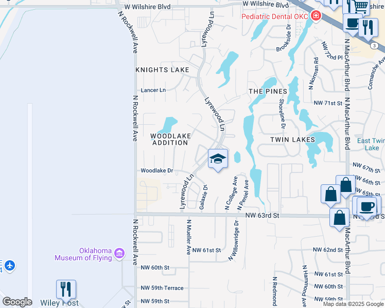 map of restaurants, bars, coffee shops, grocery stores, and more near 6615 Lyrewood Court in Oklahoma City