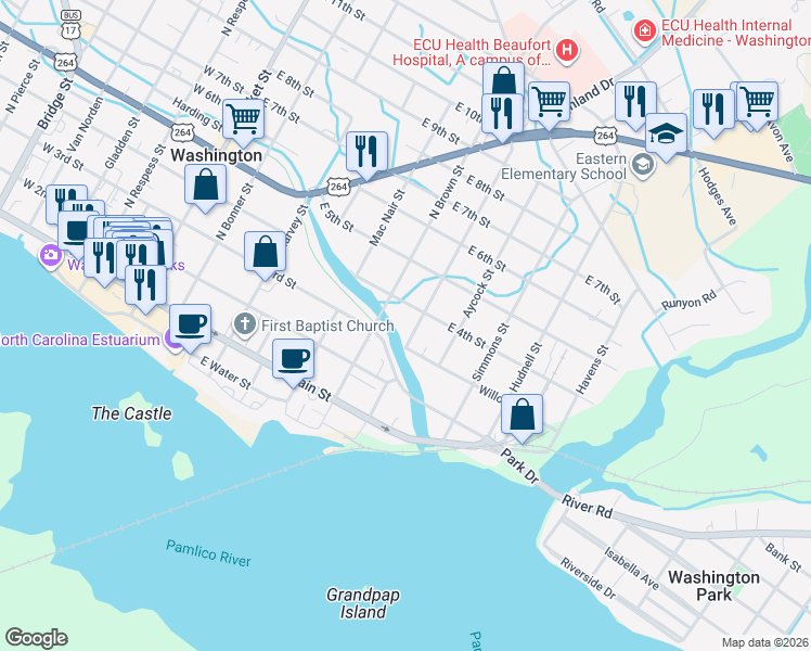 map of restaurants, bars, coffee shops, grocery stores, and more near 308 South Charlotte Street in Washington