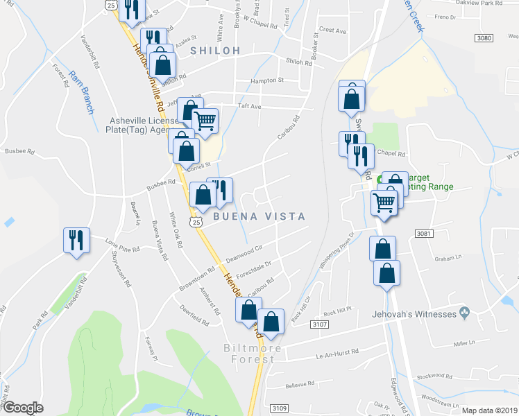 map of restaurants, bars, coffee shops, grocery stores, and more near 5 Dawnwood Circle in Asheville